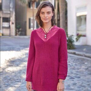 Sundance Daphne pink lace inset knit cozy sweater